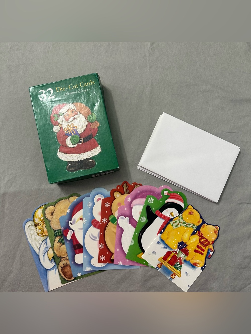 Vintage Fantus Die Cut Christmas Cards Set of 8 Envelopes Box Bear Angel Santa